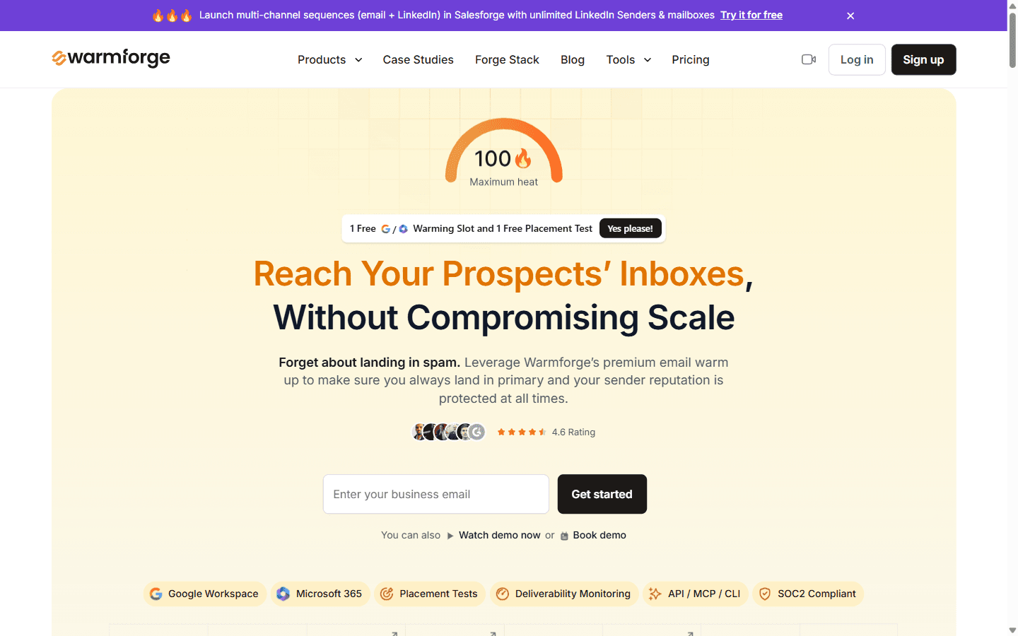 WarmForge homepage showing the AI-driven email warmup and deliverability center