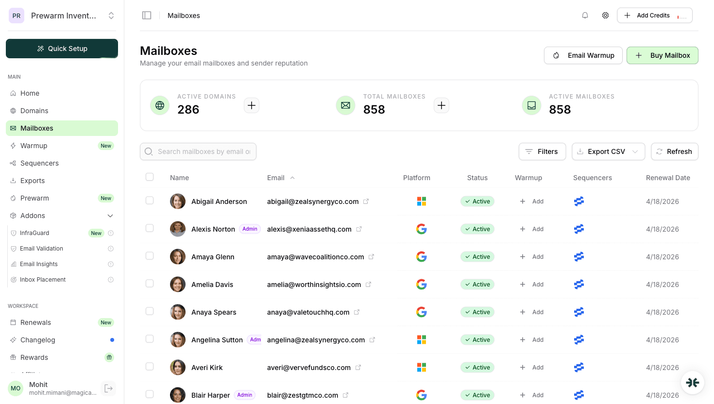 InboxKit mailbox list showing Google Workspace and Microsoft 365 accounts