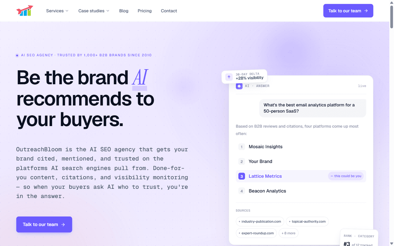 OutreachBloom multi-channel B2B agency homepage