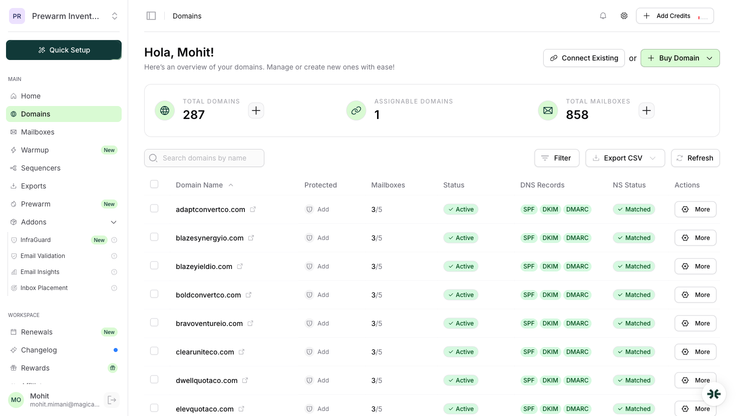 InboxKit dashboard showing domains with DNS records configured